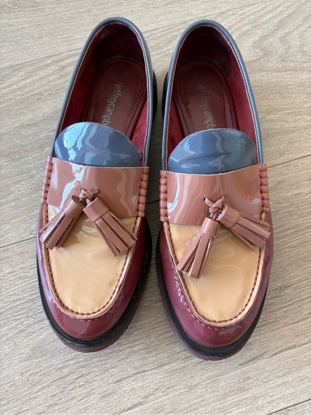 Jeffrey Campbell Colorblock Patent Tassel Loafers in Burgundy, Beige & Slate